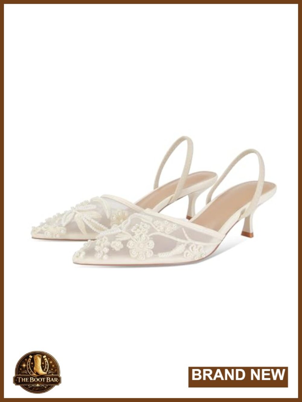 Embroidered Mesh Kitten Heel Slingback Sandals Pointed Toe Pearl Wedding Heels - Picture 1 of 6